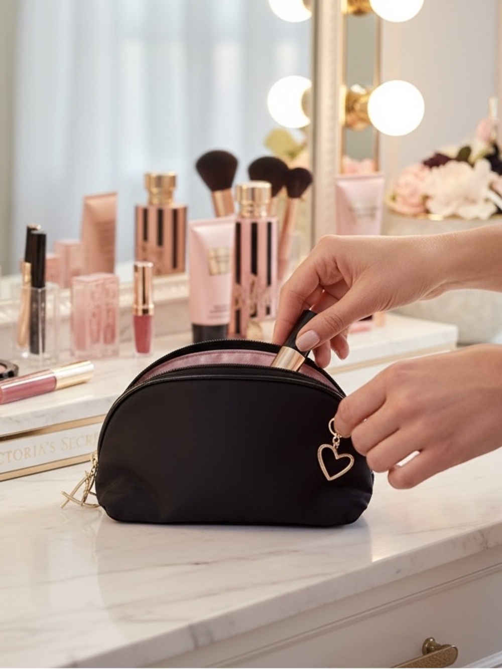 Victoria's Secret Black Cosmetic Pouch with Pink Heart Accent - Picture 2 of 2